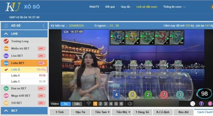Giao diện sảnh xổ số live Kubet với bảng số và lịch quay theo phiên